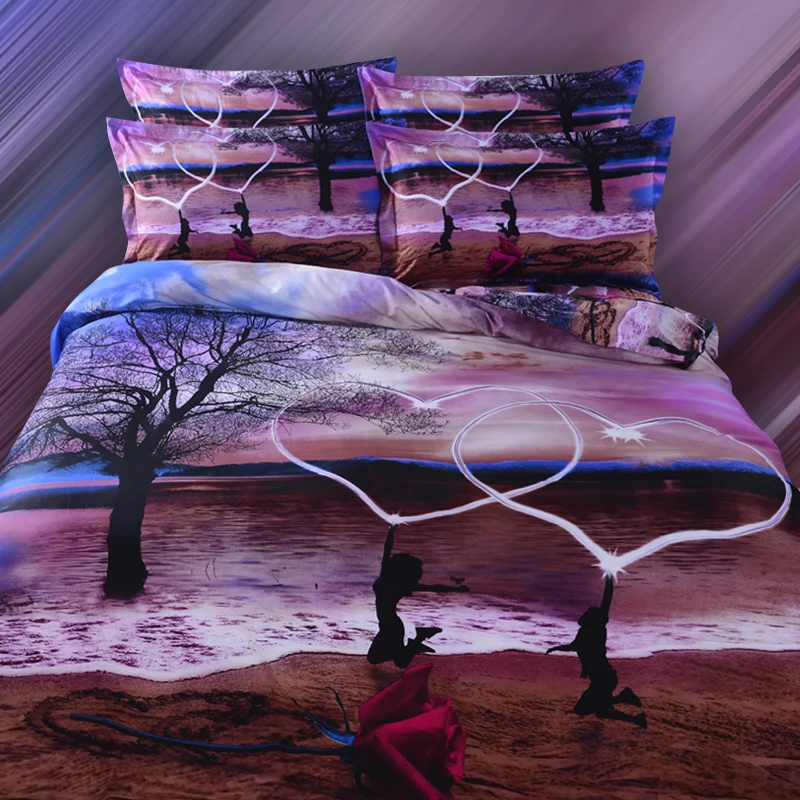 

4pcs 100% Cotton Cartoon Printed Soft Comforter Cover Pillowcase Flat Sheet Duvet Cover Sandy beach Bedding Set King Size