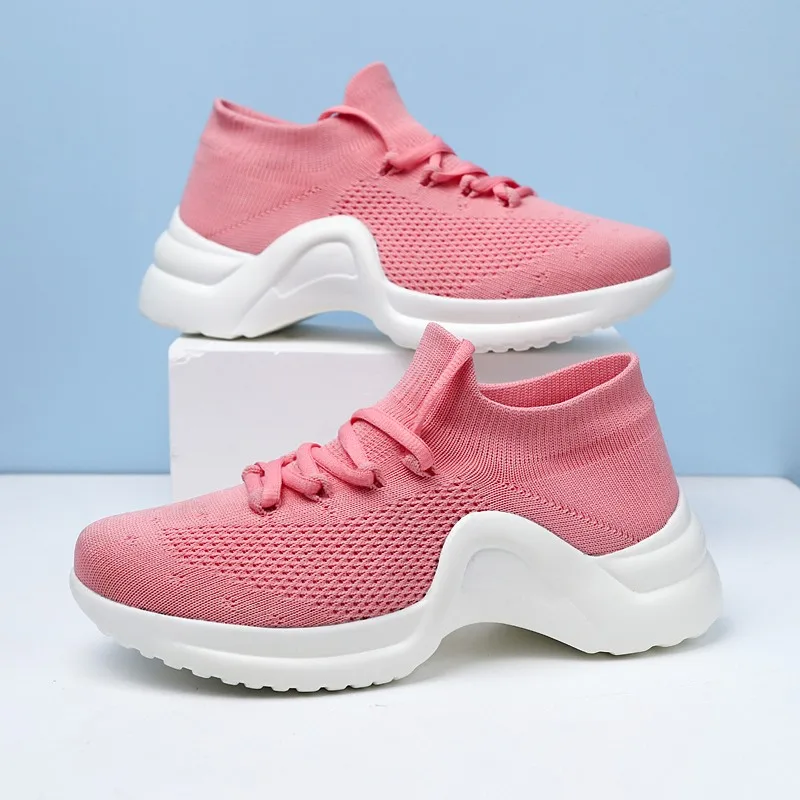 

Women Sport Shoes 2019 Breathable Socks Weave White Sneakers Girls Outdoor Height Increase Platform Shoes Light Running Shoes