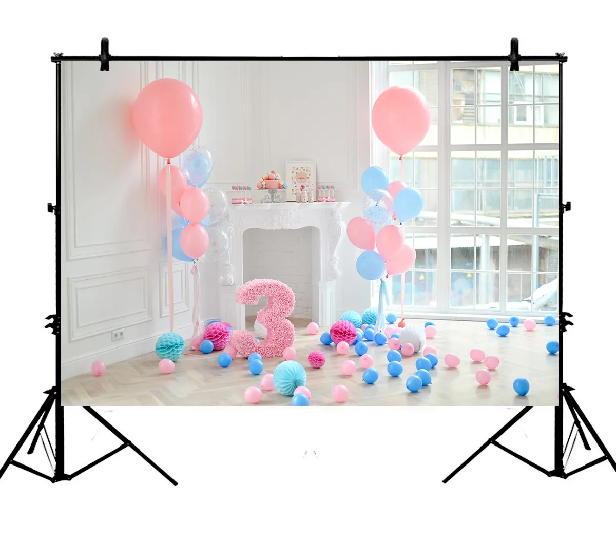 

5x7ft Birthday Party Three Years Old Blue Pink Balloon Polyester Photo Background Portrait Backdrop