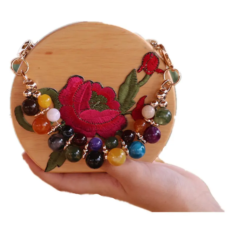 

Pastoral wind Department solid semi-circular wood box bag with lining flower cloth elegant evening bag dinner bag handbag clutch
