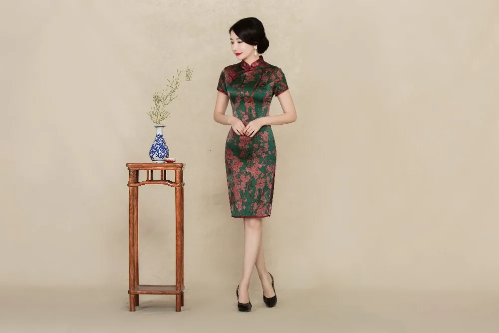 Женское шелковое платье Qipao длина до колена с подкладкой в стиле фолк коротким