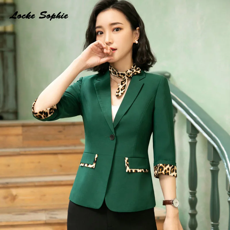 1pcs Women's Plus size Blazers coats 2019 Summer cotton Leopard Splicing  Small Suits jackets ladies Skinny Blazers Suits coats