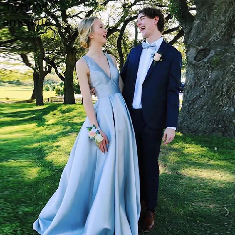 

Light Sky Blue Prom Dress V-neck Sleeveless Draped Bowknot Back Formal Party Gowns Long Vestido De Formatura 2021 Dress Elegant