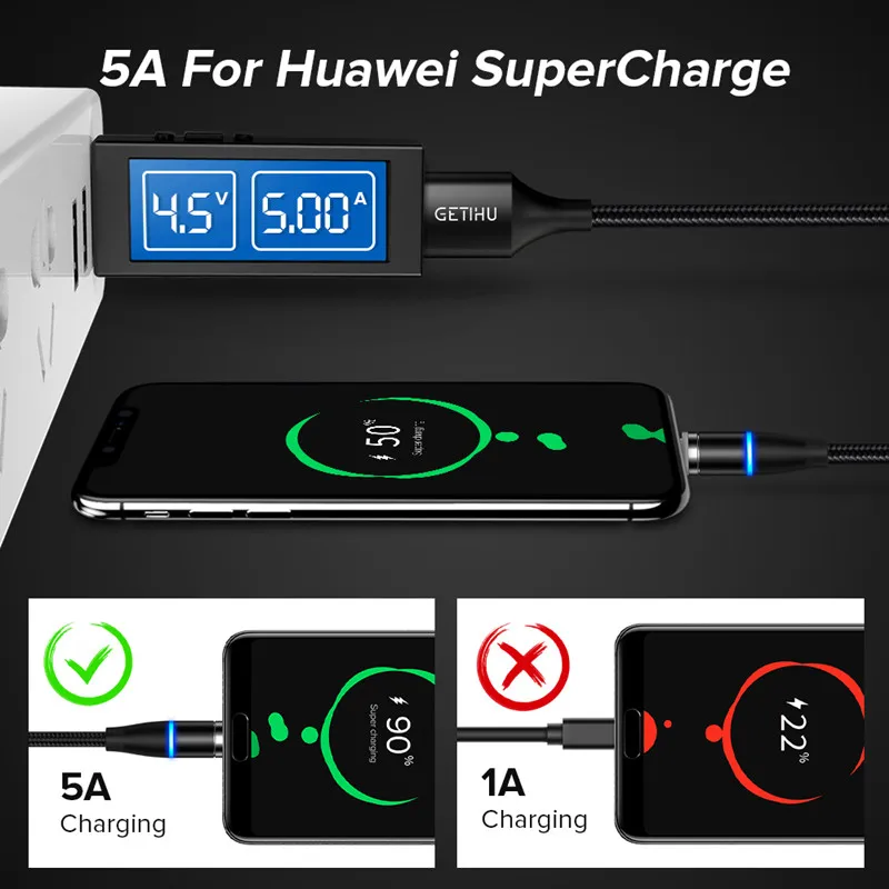 GETIHU 5A Магнитный кабель быстрой зарядки Магнит с разъемом Micro USB Type C для Мобильный