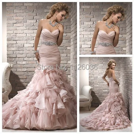 Stunning Pink Organza Silver Beading Ruffles Tiered Bottom Mermaid Stunning Pink Organza Silver Beading Ruffles Tiered Bottom Mermaid Wedding Dresses Sweetheart Off Shoulder Trumpet Bridal