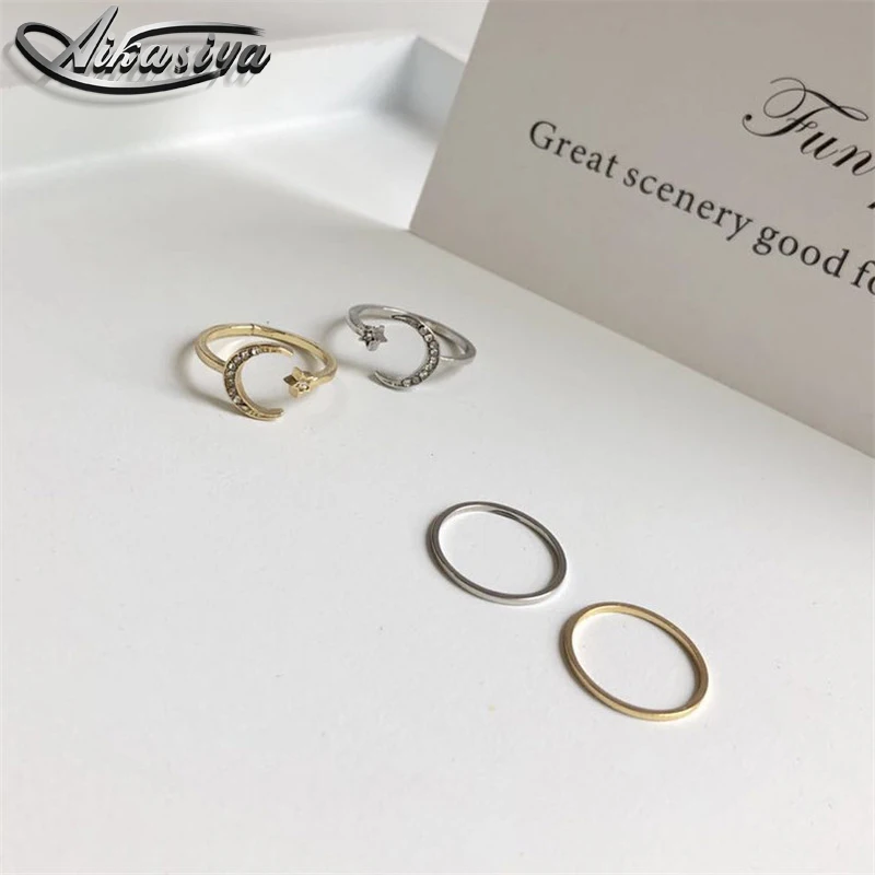 

Aikasiya Minimalist Personality Moon Aperture Combination Ring Female Jewelry Micro-set Rhinestones Anniversary Wedding Rings