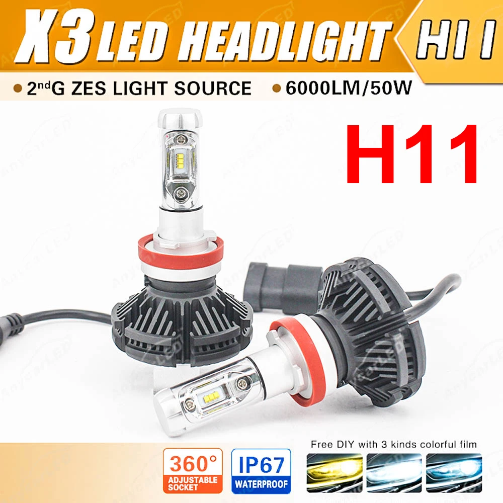 1 Set 50W 6000LM X3 LED Headlight H1 H4 H7 H8 H9 H11 9005 9006 9012