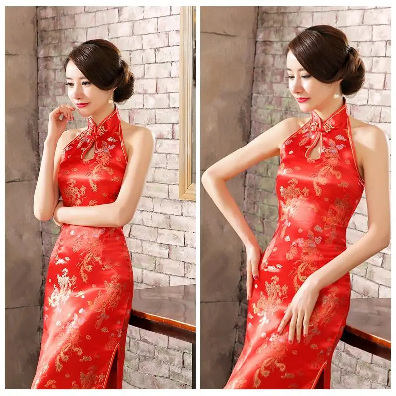 Китайская традиционная Для женщин Cheongsam сатиновое платье-Ципао в китайском стиле Стиль платье с лямкой на шее, для вечеринок, с вырезом на спинке, облегающее китайское свадебное Ципао Vestido