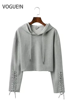 

VOGUEIN New Womens Fashion Casual Autumn Hoodies Sweatshirts Lace Up Sleeve Short Pullover Tops Size SML Wholesale