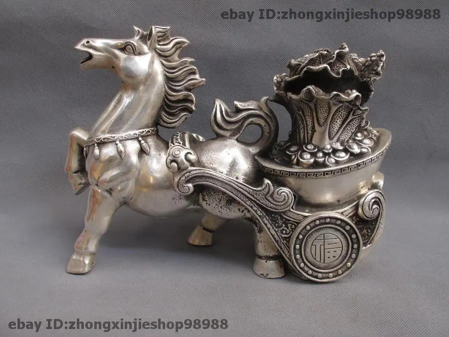 

Chinese Tibet White Copper Silver Feng shui Wealth Horse Pull cabbage Statue Garden Decoration Brass Bronze
