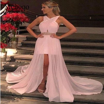 

Menoqo 2019 Evening Dresses with Straps Blush Pink A line Long Slit Sexy vestidos de fiesta largos elegantes de gala