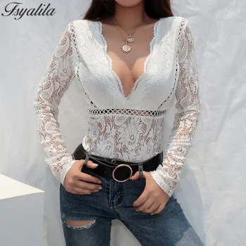 

Lace Bodysuits Long Sleeve Women Sexy White Bodysuit Deep V Neck 2018 Autumn Rompers Ladies Bodies One Piece Elegant Transparent