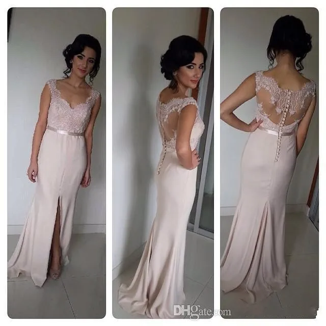 Custom made 2014 New Arrival Portrait Sheath Floor-Length Split Front Covered Button Bridesmaid Dresses Formal Dresses 98_conew1