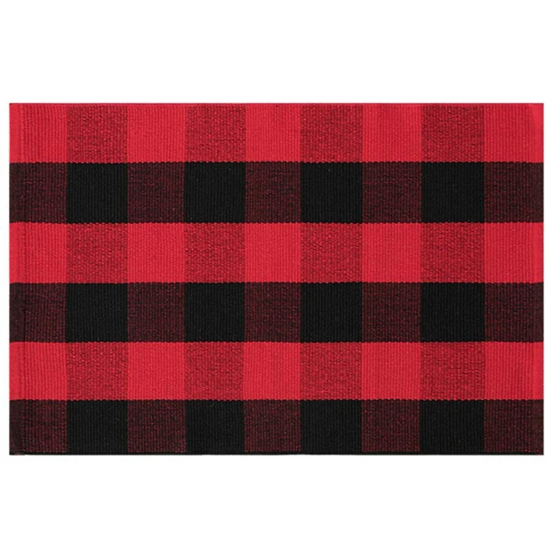 Plaid Cotton Rug Nonslip Checkered Rugs Red Woven Outdoor Anti-Slip Check Area Rug,Plaid Entry Rug, Washable Porch Rug,Back Do