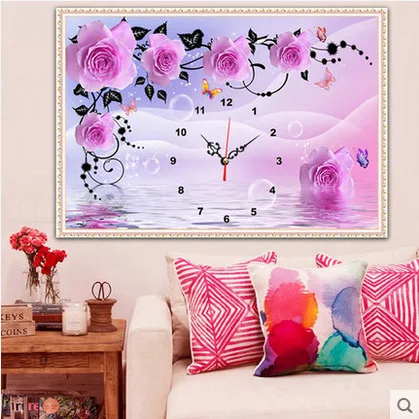 

5D DIY Diamond Painting Kit Rhinestone Cross Stitch Kit Wall Decor Pinkish Flowers Clock Dial Lake Butterflies Bubbles