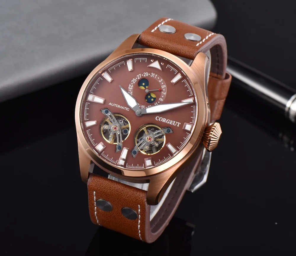 Corgeut 47 мм Чехол Мужские часы Скелет автоматические часы PVD запас хода Tourbillon Мужские механические часы мужские часы подарок