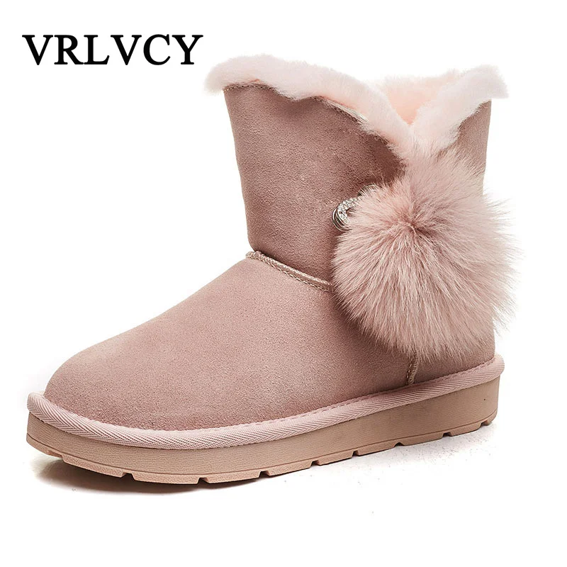 

Snow boots female short tube leather 2018 winter new cotton shoes fur one Korean version plus velvet flat cotton boots