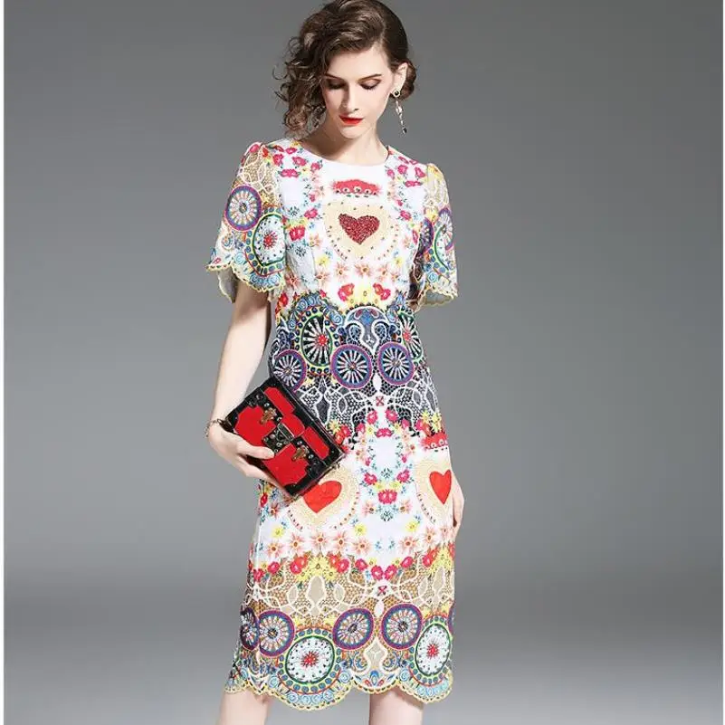 2018 Summer Runway Designer Women Luxury Crystal Diamonds Floral Print Retro Long Dress Vintage Bodycon Pencil Party Dresses