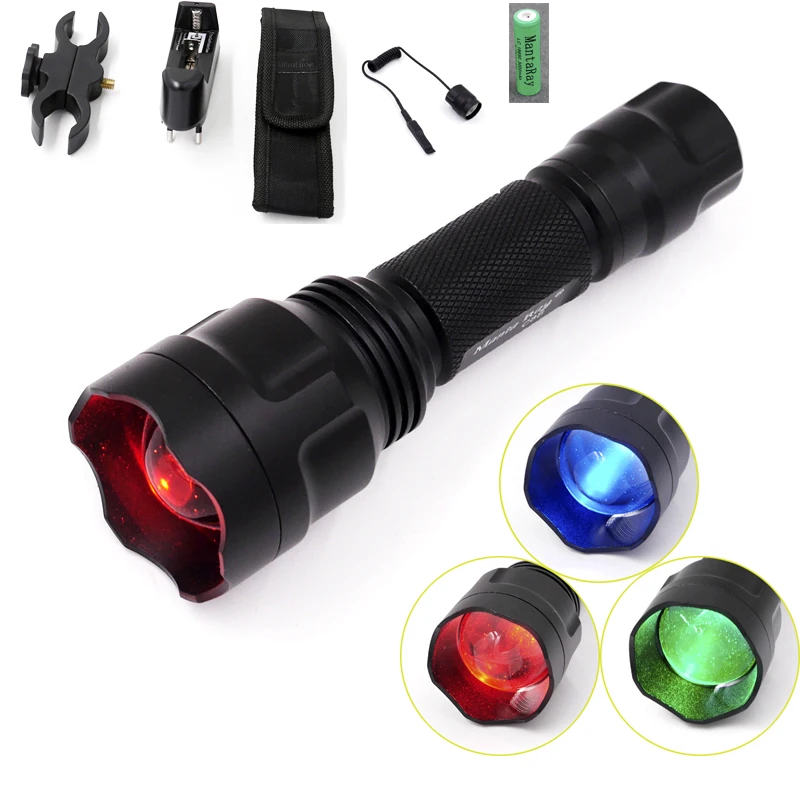 

Manta Ray C8s Hunting LED Flashlight CREE XP-E Green Blue Red Light Zoomable Lanterna 18650 Battery Gun Mount Remote Switch