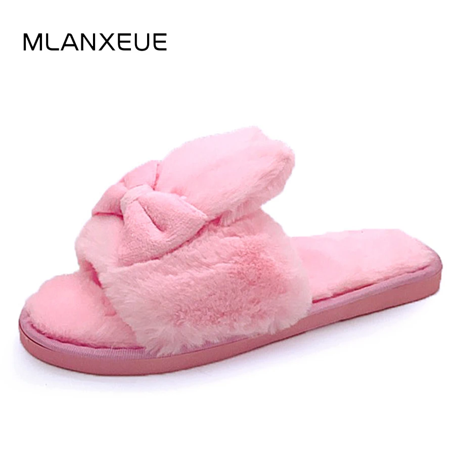

MLANXEUE Plush Bow Tie Woman Winter Slippers Shoes Women Sweet Rabbit Ears Cotton Slippers Winter Warm Lady Home Slippers 2018