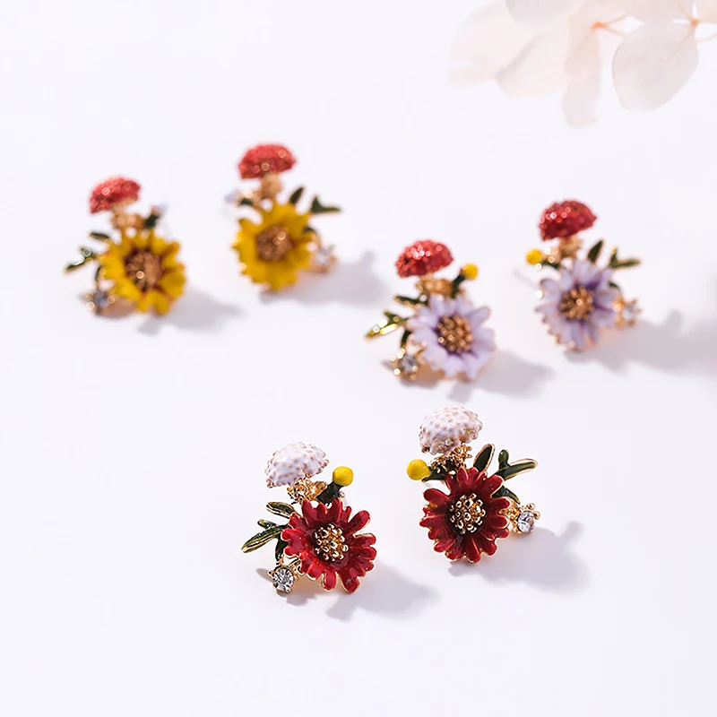 Серьги-гвоздики для женщин, модные Эффектные серьги, хорошее ювелирное изделие, дизайнерские корейские металлические эмалированные цветочные серьги, красивый сад