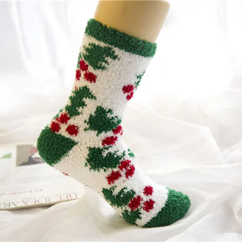 1Coral Fleece Women Christmas Socks Super Soft Warm Ladies Winter Extra Thick Stocking Striped Santa Claus Tree Pattern Socks