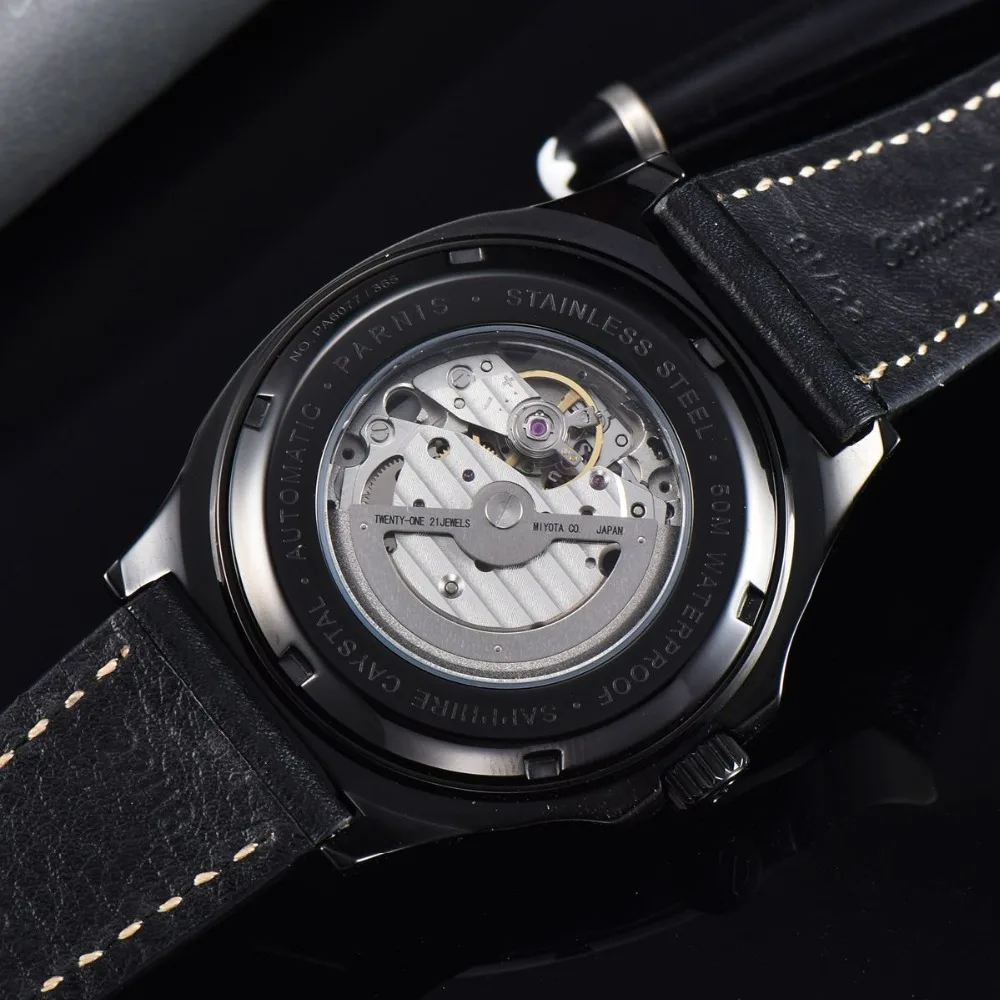 Parnis часы мм 44 мм сапфировое стекло черный циферблат Дата windnow кожаный ремешок светящийся лучший бренд класса люкс miyota 821A автоматические