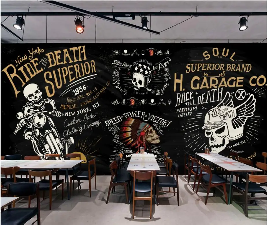 Beibehang обои на заказ гостиная спальня, европейский и американский панк мотоцикл Скелет голова Бар КТВ фрески
