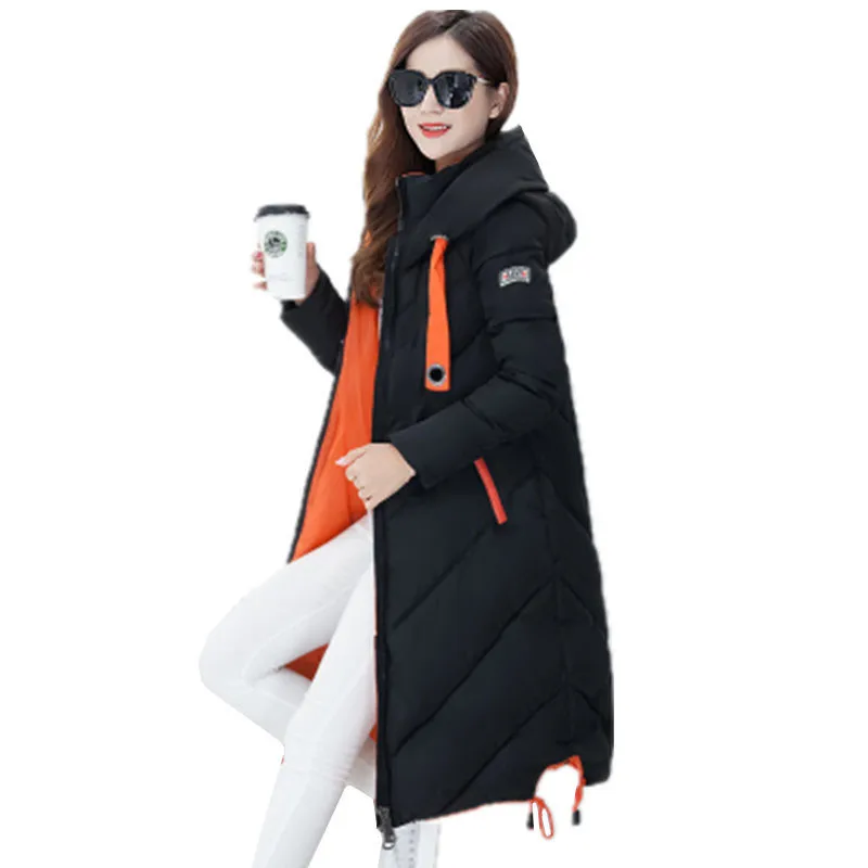 Down Cotton Parkas Jacket Female Long Section 2017 New Winter Women Korean Thick Hooded Slim Was Thin knee Length Coat Plus Size