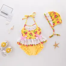 Летняя детская одежда для купания для девочек, цельное платье с принтом; Детская Купальник, шапочка комплект из 2 предметов для маленьких детей, пляжная одежда, купальник, Y844