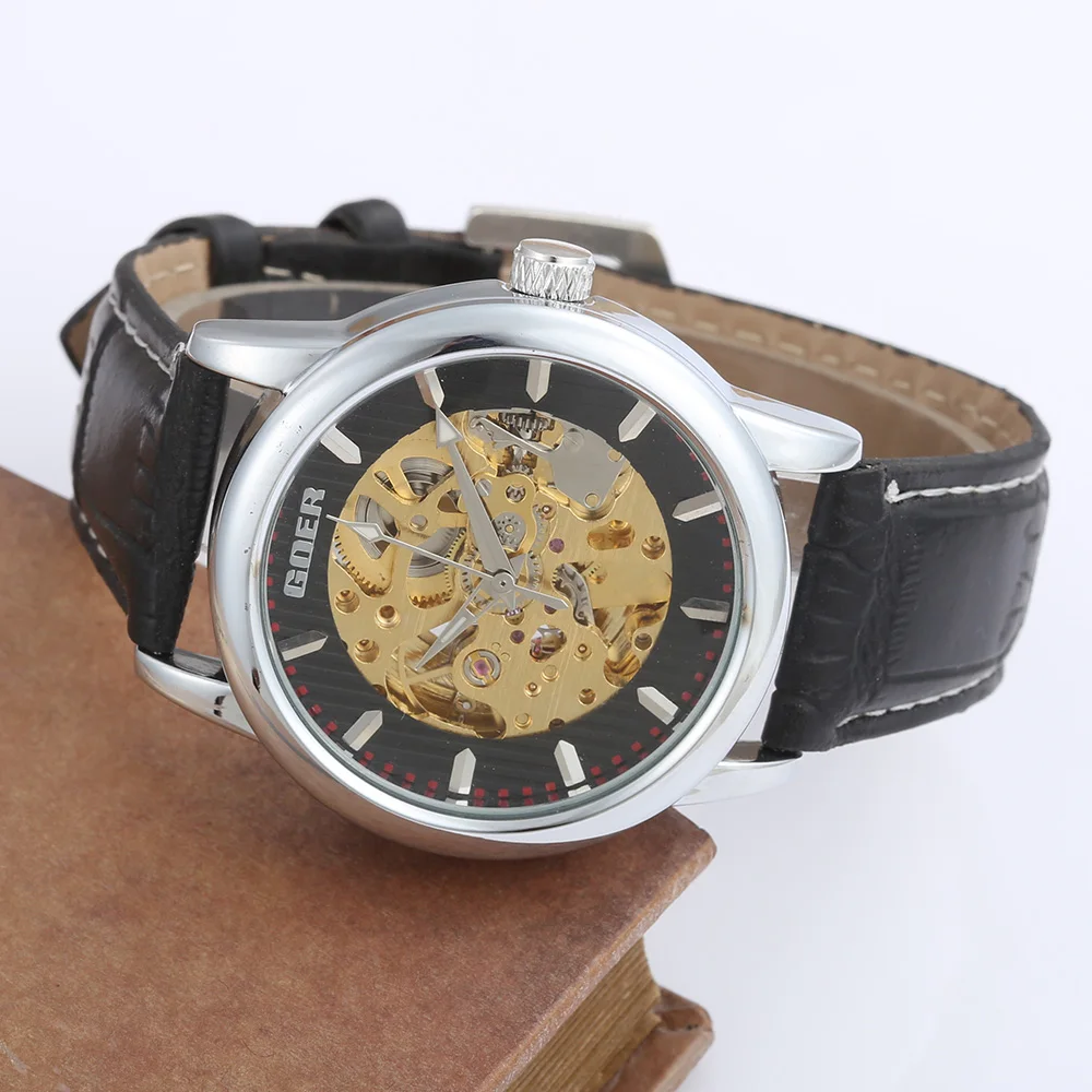 

Mechanical Watches Men PU Leather Automatic Self-Wind Mechanical Skeleton Watch Men Casual Sports Watches Relogio Masculino GOER