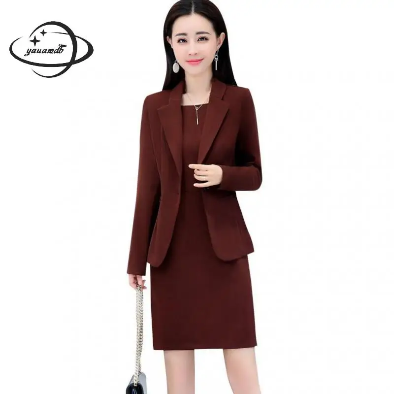 

YAUAMDB women dress suits spring M-2XL polyester female blazer clothing set blazer+dress 2pcs single button ladies clothes y121