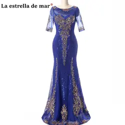 Vestido noiva sereia 2018 новые кружевные и расшитые блестками рукава Сексуальные Русалка Королевский синий vestido de madrina de bodas con manga Длинные