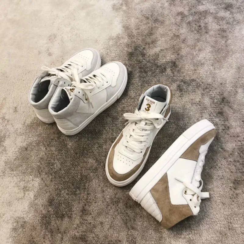 JINBEILEE High-top Sneakers Women's Leather Casual Belt Thick-soled Hip-hop Wild Basic Skateboard Shoes White Shoes Women