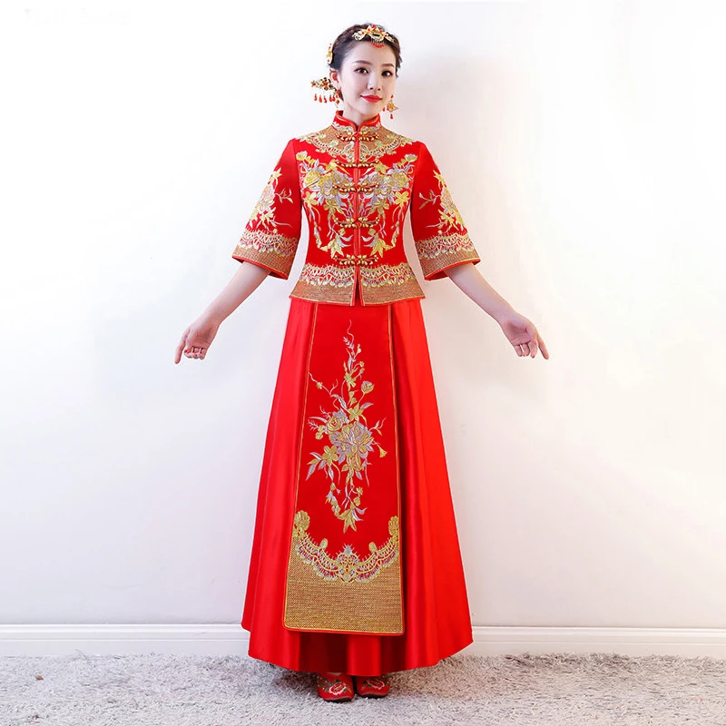Красное свадебное платье традиционное китайское Qipao Национальный костюм для