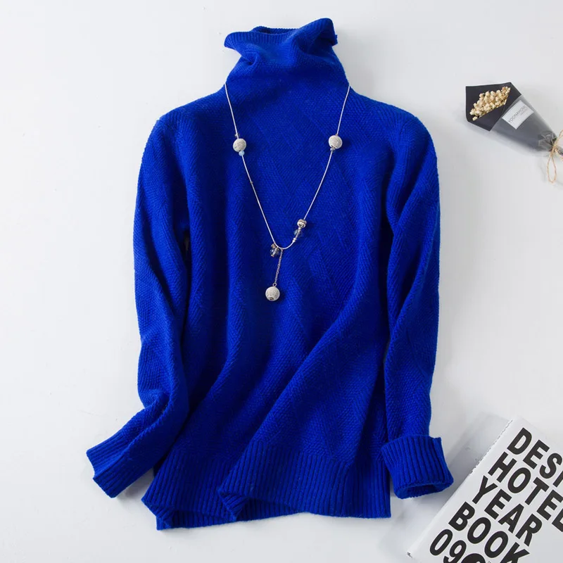 Кашемировые свитера на осень и зиму для женщин, чистый кашемир, шерсть, геометрический рисунок, вязаный свитер с высоким воротом, Повседневный свитер, нижняя рубашка - Цвет: Синий