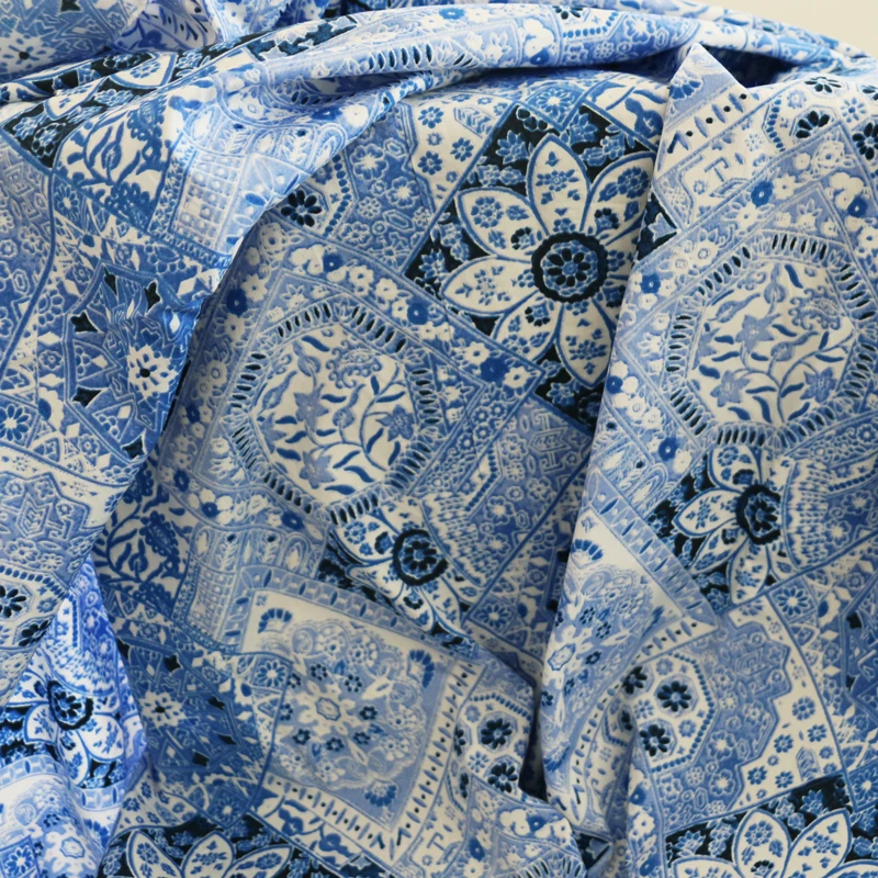 

Vintage Chinese Blue White print Silk Cotton Fabric dress skirt gown Silk Cotton Textile 50cm*145cm