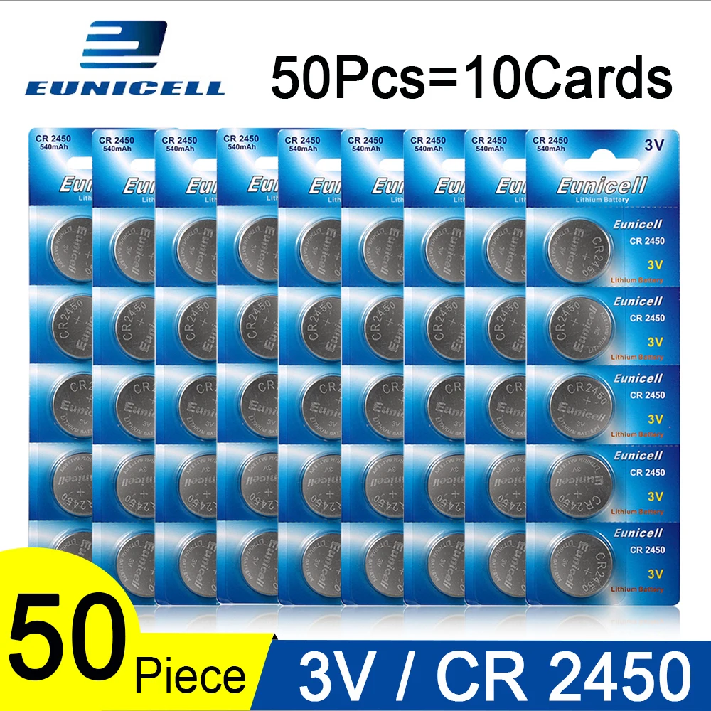 

50pcs=10 Cards Eunicell 350mAh CR2450 CR 2450 ECR2450 KCR2450 5029LC LM2450 Button Cell Coin Battery 3V Lithium Watch Batteries