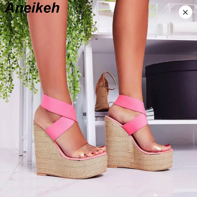 

Aneikeh Sexy Open Toe Platform Wedge Sandal Summer Elastic Knitted Cross-tied Cutouts Gladiator Shoe PVC Women Heeled Sandals