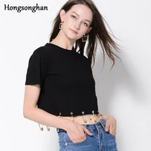 Hongsonghan/, однотонная Сексуальная женская футболка с круглым вырезом, украшенная металлическим львом, круглая оторочка, топы с короткими рукавами