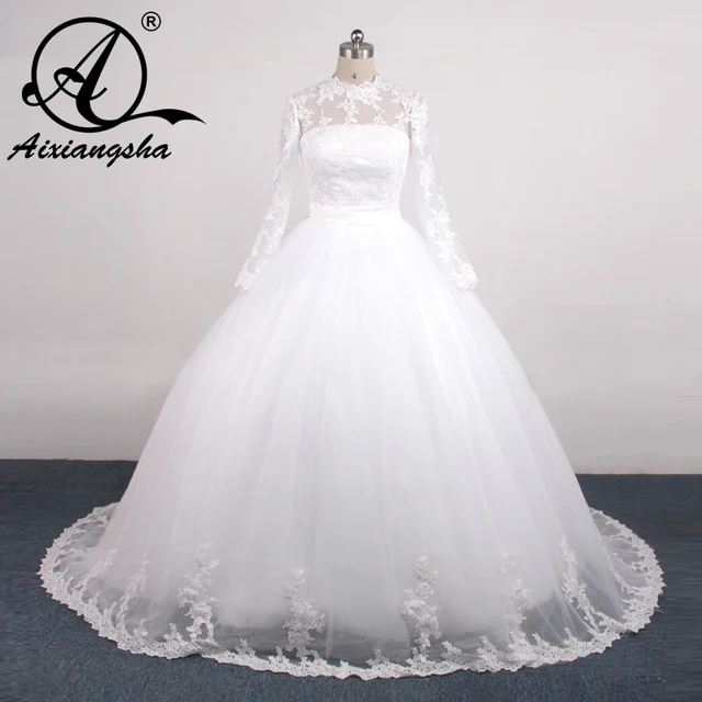Custom Muslin Wedding Dress High Collar Lace Beading Long Sleeve Bridal