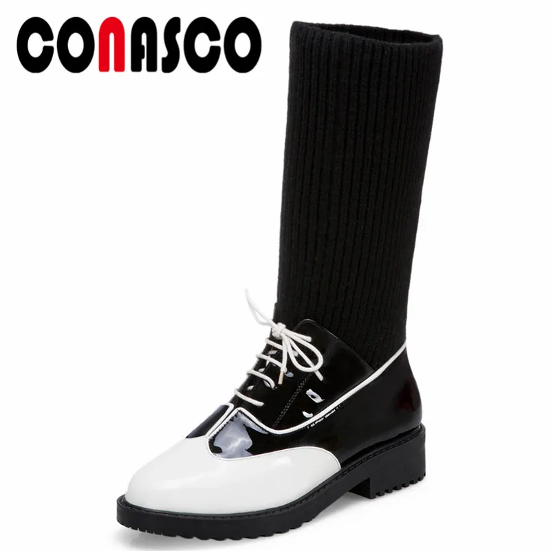 

CONASCO Brand Black White Patchwork Mid-calf Motorcycle Boots High Heels Warm Long Shoes Woman Dancing Party High Boots