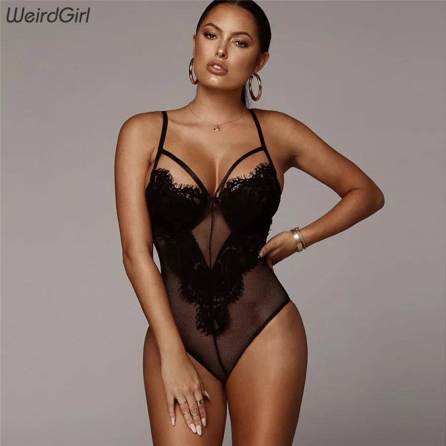 

Weirdgirl women lace bodysuit see through sexy night club skinny slim solid backless off shoulder sleeveless female rompers