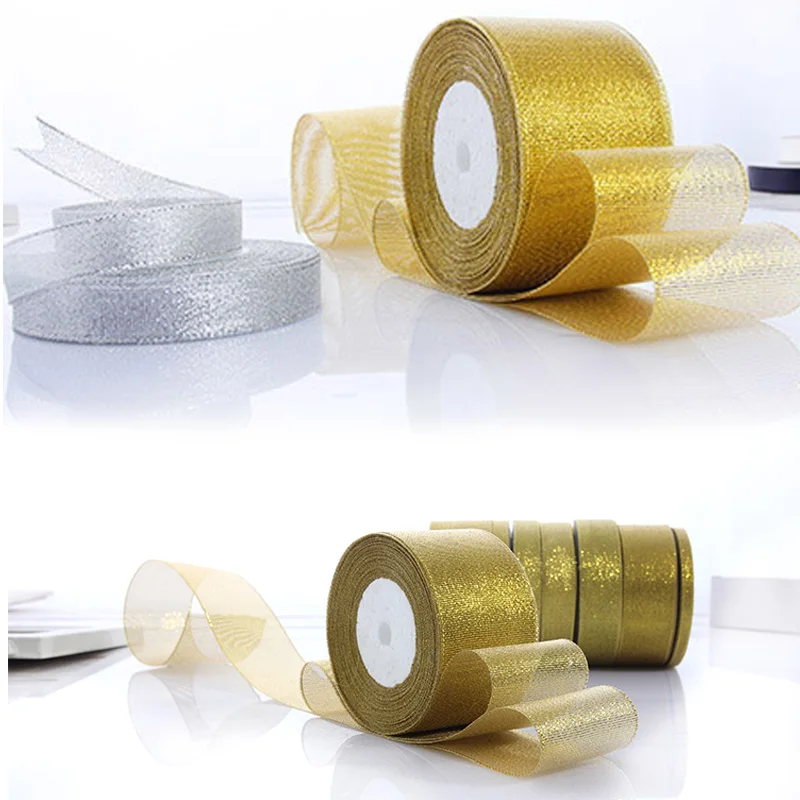 

25yard 6mm 25mm 30mm 40mm 50mm organza gold silver glitter satin ribbon bias binding for wedding christmas crafts bow decoration