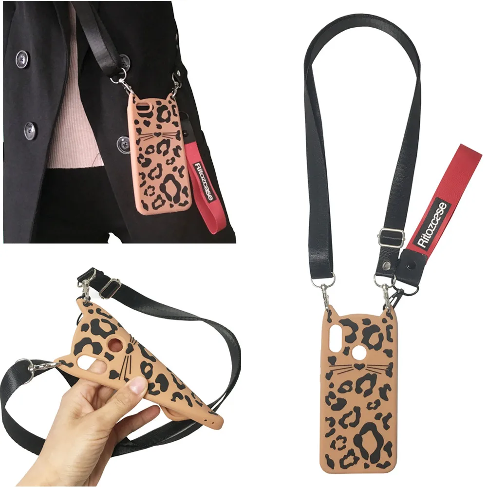 

strap silicon case for samsung galaxy note 9 8 s8 s9 plus s7 edge case cover 3d cute cartoon leopard beard cat shoulder lanyard