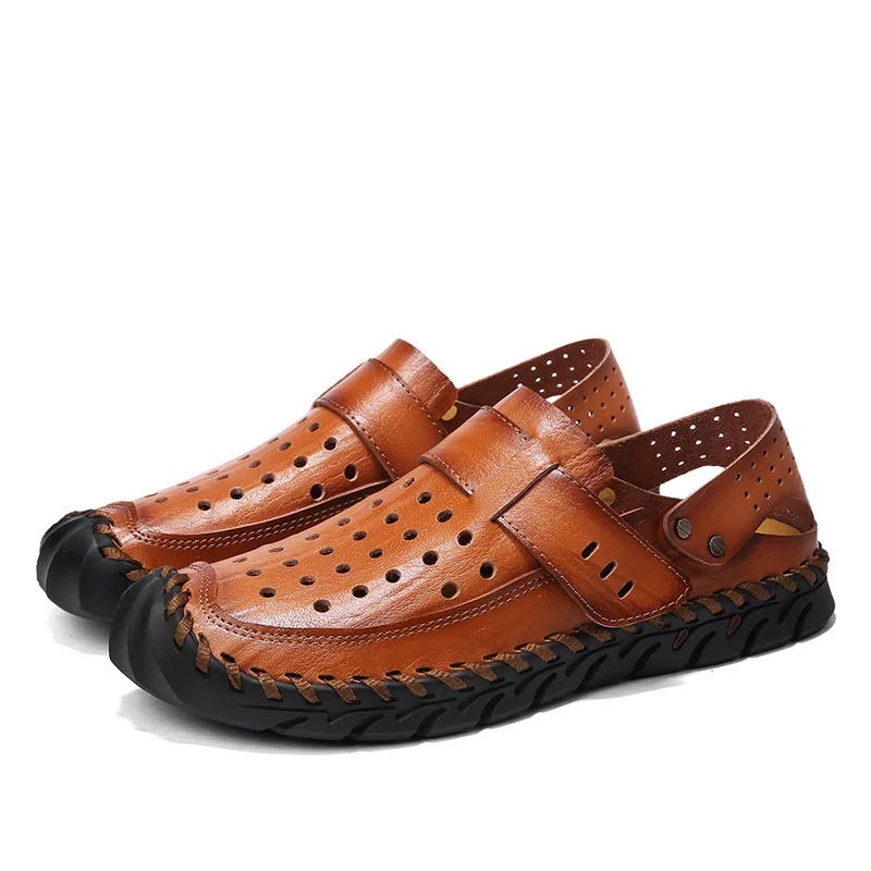 Высокое Качество Коричневые мужские сандалии из натуральной кожи мужская пляжная обувь Открытая Летняя обувь Открытые с закрытым носком Повседневное дышащая Босоножки - Цвет: Brown