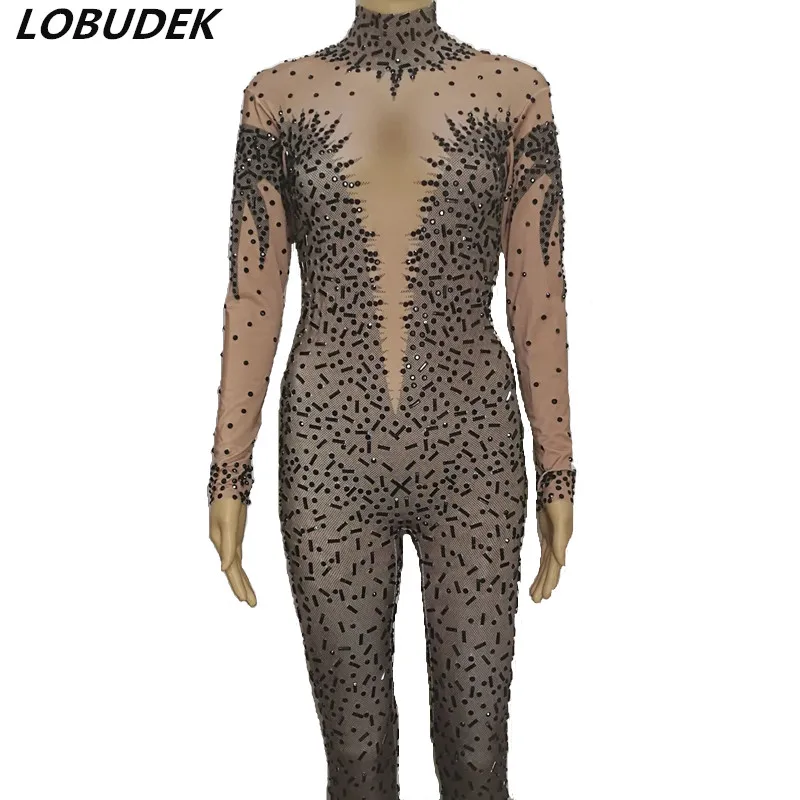 Sexy Stretch Leotard Jumpsuits Female Black Crystals Jumpsuits