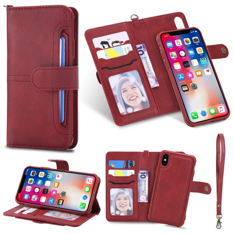 

Luxury 2 IN 1 PU Leather Flip Wallet Case For iPhone 7 8 Plus X Detachable Card Holder Stand Cover For iPhone X 6 6S 7 Plus Bag