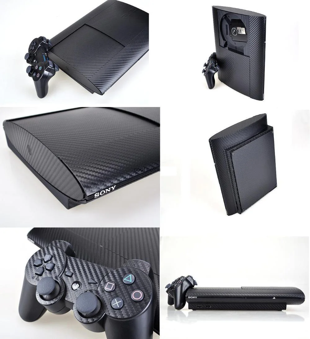 Black-Carbon-Fiber-Vinyl-Skin-Sticker-Protector-for-Sony-PS3-Super-Slim-4000-and-2-controller
