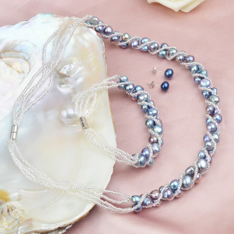 ASHIQI набор ювелирных изделий из натурального пресноводного жемчуга и больше, ручная вязка, ожерелье, браслет, 925 серебряные серьги для женщин NE+ BR+ EA